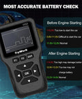 OBD2 Scanner Diagnostic Tool With 35901 DTC Lookup showing battery check screen