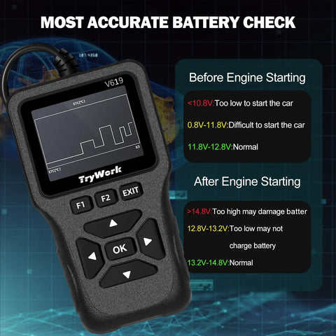 OBD2 Scanner Diagnostic Tool With 35901 DTC Lookup showing battery check screen