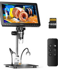 20MP Digital Microscope With 10 Point One Inch HD IPS Screen Go To Gear For Coins Stamps Jewelry And DIY Repairs LCD Soldering Microscope For Adults 10 LED Lights PC And TV Compatible 16GB, with remote and stand