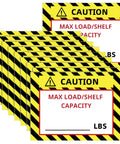 TopShelf Heavy Duty Pallet Rack Capacity Labels 100 Pack featuring durable 3x4 inch max load warning stickers on a yellow background.