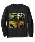 Fresh Tuk Tuk Rickshaw Graphic Long Sleeve Tee Featuring Classic Italian Scooter And Auto Driver Vibe Chill Streetwear Fit For Weekend Warriors And Road Trip Crews, black tee with colorful rickshaw prints.