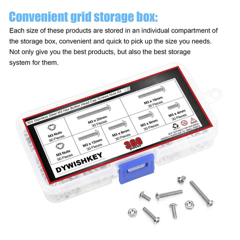 360 Piece M3 Stainless Steel 304 Hex Button Head Bolts Screws And Nuts Kit With Sizes 4Mm 6Mm 8Mm 12Mm 16Mm 20Mm in box