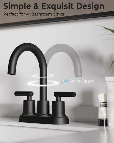 4 Inch Centerset Bathroom Faucet With Two Handles, No Leak Modern Black Lavatory Vanity Faucet with 360 Degree Rotating Spout