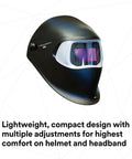 Built Tough Auto Darkening Filter Welding Helmet Zero Lag Shade Switching For Mig TIG Stick Welding Three Lens Sensitivity Settings Professional Shop Ready, side view, lightweight and compact design.