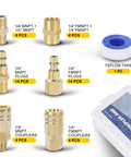 One Quarter Inch Air Hose Fittings Kit With Quick Connect Couplers And Plugs, 45 Piece Brass Plated Steel Set, MNPT FNPT Adapters Teflon Tape