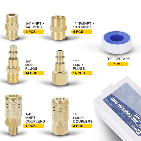 One Quarter Inch Air Hose Fittings Kit With Quick Connect Couplers And Plugs, 45 Piece Brass Plated Steel Set, MNPT FNPT Adapters Teflon Tape