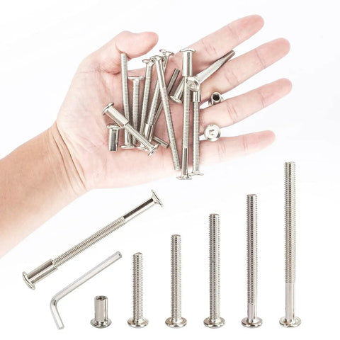 Stainless Steel Furniture Joint Connector Bolt And Cap Nut Kit for Cot Bed Crib Hardware displayed on hand.