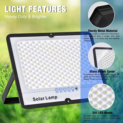 Crazy Bright 300W Solar Flood Light Kit With Dusk To Dawn Sensor 30000 Lumen Waterproof Outdoor Security Floodlight With 16ft Cord Remote Control For Shed Backyard Garden showing LED features and material details.