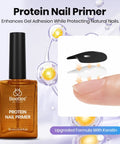 Protein Powered Nail Prep Dehydrator And Primer Kit With Hema Free Gel Base And Top Coat 10ml Each bottle and application demo.