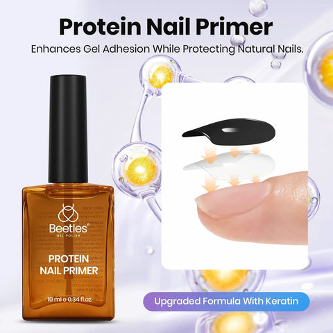 Protein Powered Nail Prep Dehydrator And Primer Kit With Hema Free Gel Base And Top Coat 10ml Each bottle and application demo.