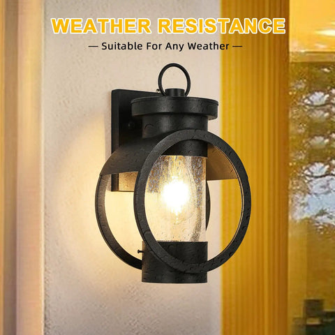 Outdoor Wall Light With Dusk To Dawn Sensor No Fuss Auto On Auto Off Waterproof Exterior Lamp In Matte Black Modern Industrial Sconce With Seeded Glass For House Porch Garage Patio, weather resistance feature displayed