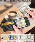 Dope MagSafe Wallet With Money Clip And Find My Tracking For IPhone 12 Through 17 Eight Card Slots RFID Blocking Rechargeable Stand Carbon Fiber Black on table holding cards and cash