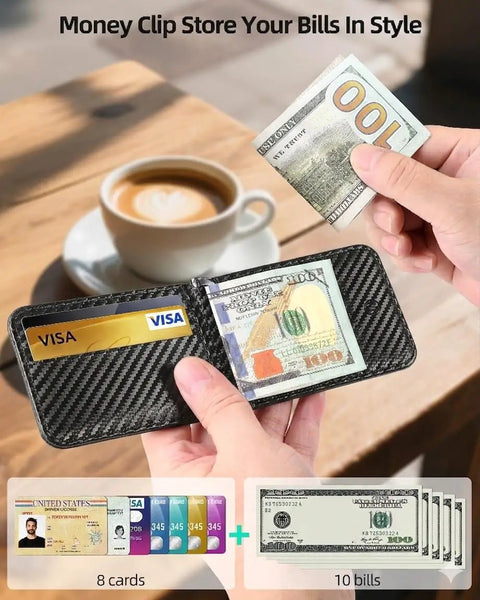 Dope MagSafe Wallet With Money Clip And Find My Tracking For IPhone 12 Through 17 Eight Card Slots RFID Blocking Rechargeable Stand Carbon Fiber Black on table holding cards and cash