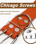 Heavy Duty Chicago Screws And Leather Rivets Kit, 120 Pieces Rock Solid Hardware Six Sizes, Includes Phillips Screwdriver And Hole Punch, Top Shelf Gear For Crafting Belts Purses Bags Shoes And Bookbinding Projects close-up of metal chicago screws on orange leather belt