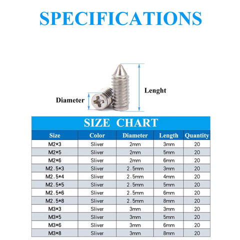 Nickel Plated Carbon Steel Tip Screws Set With 2mm Driver 240 Pcs In 12 Sizes with detailed size chart for repairs