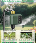 WiFi Water Timer For Garden Hose With Smart Sprinkler Controller, 984 Ft RF Range, showing schedule and spray irrigation options.