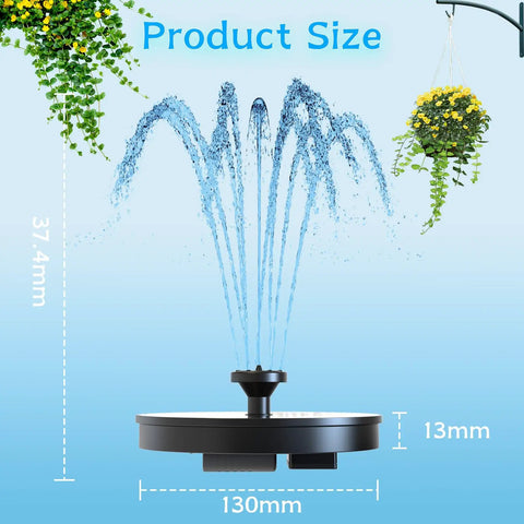 Solar Water Fountain For Bird Bath And Pond, Upgraded 6 Nozzles System, Free Standing Floating Solar Pump product size display.