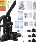 Front view of VEVOR button maker with ergonomic arc handle and assorted button parts in bags