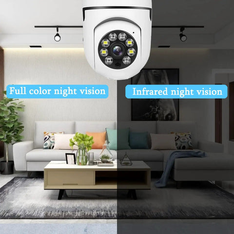 Light Bulb Security Cam 1080P HD, 2.4GHz WiFi showing full color and infrared night vision in a living room scene.