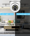 Living room setup showing full color and infrared night vision of 2 Pack 360 Degree Light Bulb Camera 1080P HD WiFi Dome Cam.