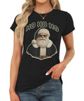 Women Santa Graphic Tee With Black Hat And Sunglasses, Short Sleeve Crewneck Shirt, Festive Xmas Holiday Top, casual black tee