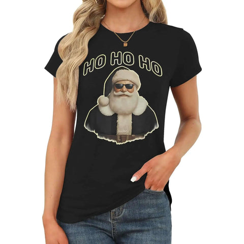 Women Santa Graphic Tee With Black Hat And Sunglasses, Short Sleeve Crewneck Shirt, Festive Xmas Holiday Top, casual black tee