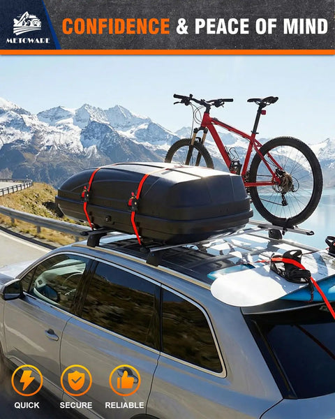 4 Pack Auto Retracting Ratchet Straps 1x10 Ft Self Roll Back System securing a rooftop cargo box and bicycle.