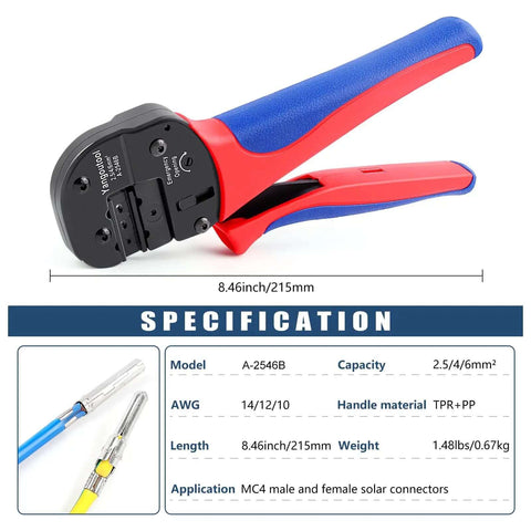 Image of Solar Crimping Tool For PV Cables YG-2546B, showcasing heavy-duty steel construction and ergonomic grip, tool measurements.
