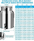 Stainless Steel Milk Bucket with multiple sizes, dimensions, and built-in spigot for easy dispensing.