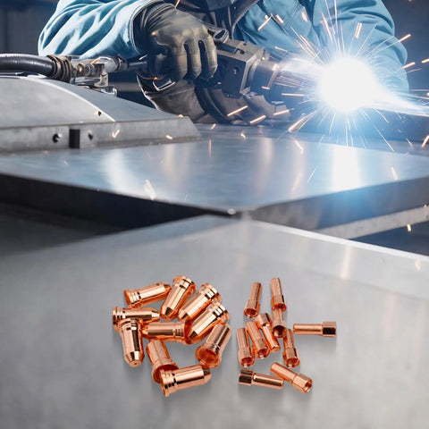 Plasma cutter consumables kit with 1.2mm electrodes and nozzle tips for plasma torch welding equipment includes 10 electrodes and 10 tips pro grade for heavy duty metal cutting compatible with 52556 and 51246 with sparks flying during metal cutting.