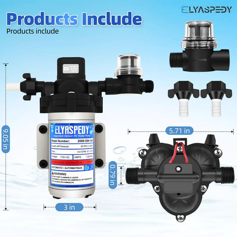 Upgraded RV Fresh Water Pump 115V AC With 4.0 GPM Self Priming Diaphragm, showing dimensions and detachable filters.