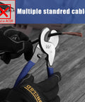 Hardcore Heavy Duty 10 Inch Cable Cutter cutting through stranded copper cable, featuring ergonomic blue handles.