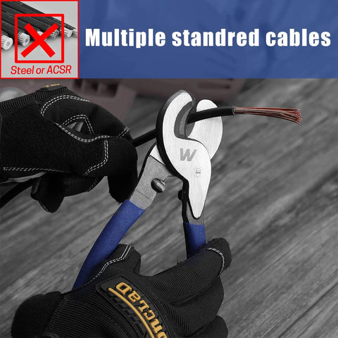 Hardcore Heavy Duty 10 Inch Cable Cutter cutting through stranded copper cable, featuring ergonomic blue handles.