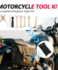 Ride Ready 8 Piece Motorcycle Tool Kit With Storage Bag includes tools for DIY repair, shown on a parked street bike.