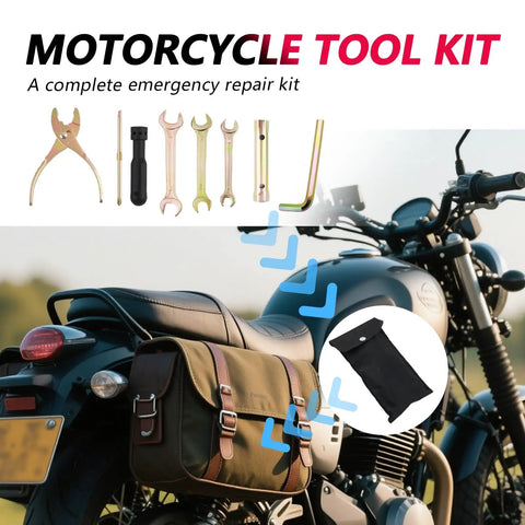 Ride Ready 8 Piece Motorcycle Tool Kit With Storage Bag includes tools for DIY repair, shown on a parked street bike.