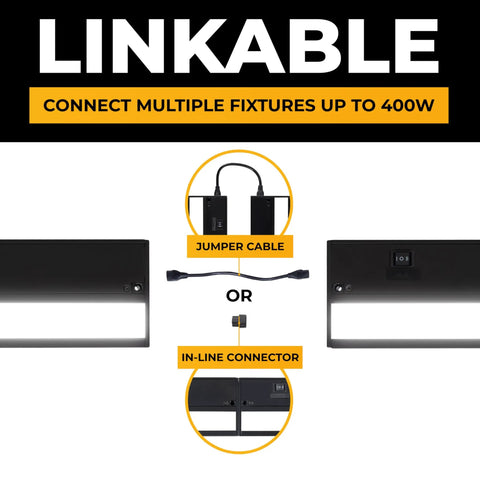 Linkable under cabinet lighting kit with 3 CCT options, 32 inch black finish, dimmable and linkable undercabinet lights shown with jumper cable and in-line connector for easy installation.
