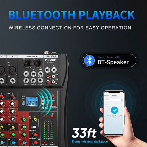 8 Channel DJ Audio Mixer With Bluetooth 5.0, USB Recording, MP3/USB Playback, Built-In Reverb, 48V Phantom Power, LED Display visible with smartphone Bluetooth connection