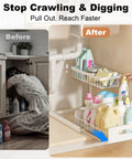L Shaped Under Sink Organizer Featuring Smooth Operator Glides And Pipe Friendly Layout That Fits Snug In Tight Corners While Boosting Storage Capacity Straight Up in use, showing before and after organizing.