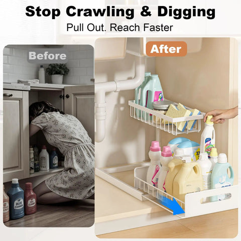 L Shaped Under Sink Organizer Featuring Smooth Operator Glides And Pipe Friendly Layout That Fits Snug In Tight Corners While Boosting Storage Capacity Straight Up in use, showing before and after organizing.