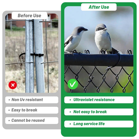 Comparison of aluminum chain link fence ties before and after use, highlighting durability and weather resistance features.