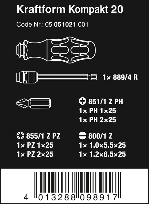 Diagram of Kraftform Kompakt 20 7-Piece Bit Kit detailing components, sizes, and barcode at the bottom.