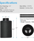 Diagram showing specifications of 4 Inch Carbon Air Filter Odor Busting Solution For Grow Tents And Homes Premium Virgin Activated Carbon Filtration.