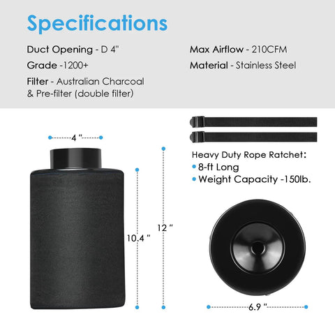 Diagram showing specifications of 4 Inch Carbon Air Filter Odor Busting Solution For Grow Tents And Homes Premium Virgin Activated Carbon Filtration.