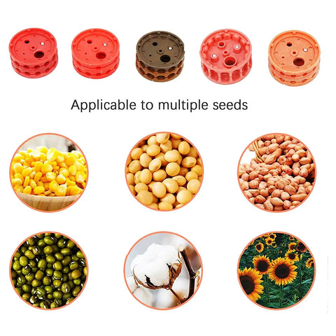 All In One Garden Push Seeder Planter And Fertilizer Spreader components and applicable seeds variety including corn, soybeans, and sunflowers.