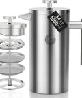 Premium French Press Coffee Maker With Built In Measurement Marks For Smooth Daily Brews Made From Safe Non Toxic Materials In Sleek Silver, 34oz design with mesh filter.