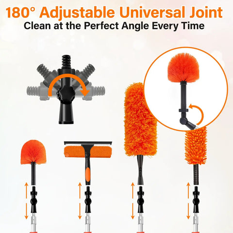 High Reach Duster With Telescoping Extension Pole 5 To 20 Feet, 26 Feet Total Cleaning Reach, 4 In 1 Cleaning Kit For Windows Ceilings Fans And Shelves, Ditch The Ladder Easy Switch Tools For Quick Home Cleanups. 180° adjustable joint