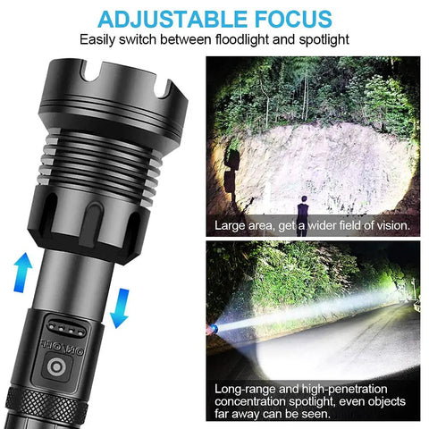 Rechargeable LED Flashlight Beast Mode Brightness 90000 Lumen Tactical Zoomable Flashlight focus feature demonstration