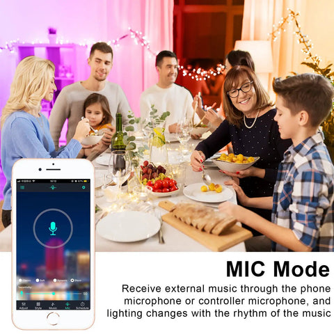 Smart RGB LED Strip Lights 100ft With Bluetooth App Control Music Sync Mood Lighting For Bedroom And Indoor Use Dope Color Changing LED Tape Lights That Easily Sticks To Any Surface For Quick Setup in use during family dinner party with MIC mode app on phone.