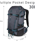 All Day Ski Hydration Backpack 30L For Snowboard Touring With Water Resistant 900D Polyester Multiple pockets shown
