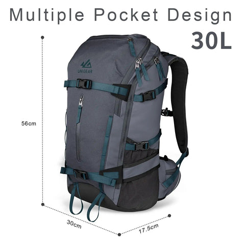 All Day Ski Hydration Backpack 30L For Snowboard Touring With Water Resistant 900D Polyester Multiple pockets shown